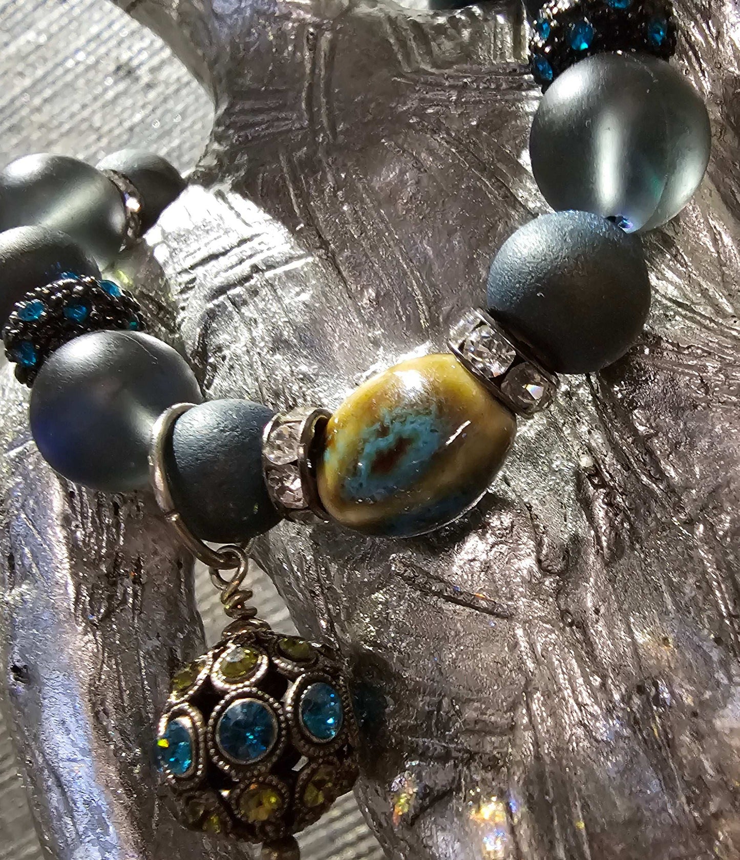 Druzy quartz, gray Opalite, Jasper Beaded Bracelet (Natural Stone)