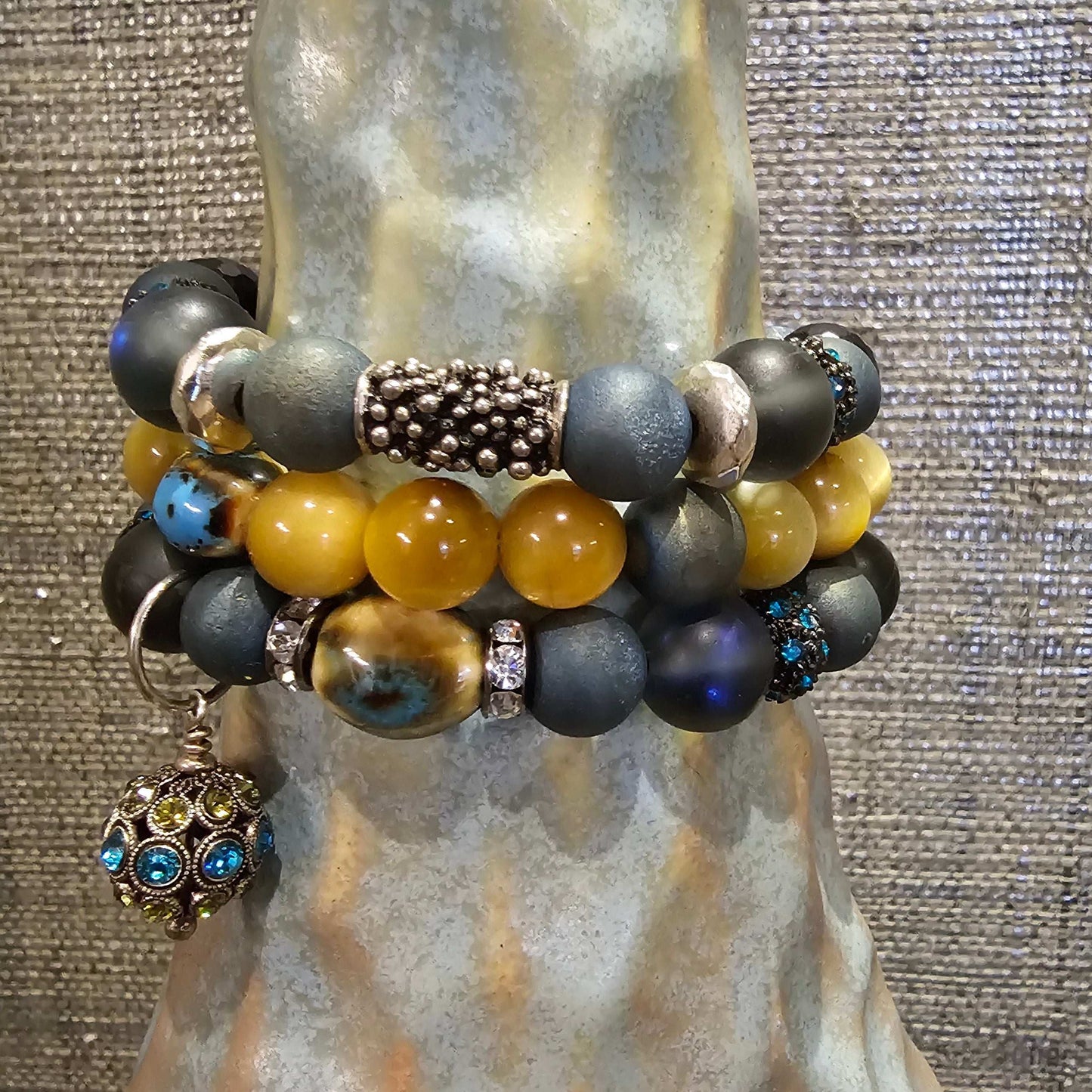 Yellow natural star Tiger's Eye, Druzy quartz, Jasper & Wood Beaded Bracelet (Natural Stone)