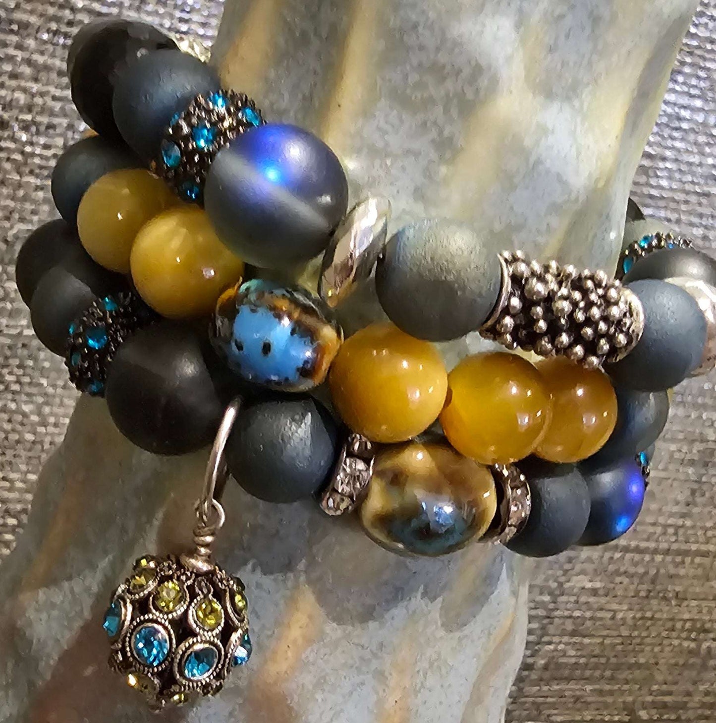 Yellow natural star Tiger's Eye, Druzy quartz, Jasper & Wood Beaded Bracelet (Natural Stone)