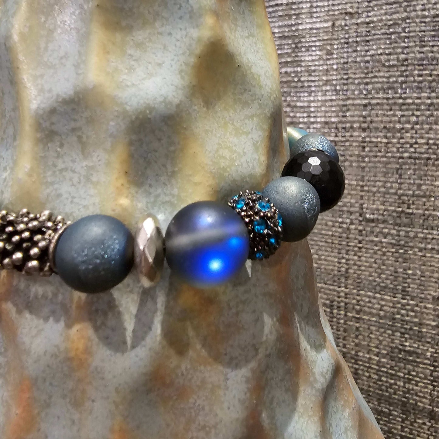 Black Onyx faceted beads, Druzy quartz, Gray/blue Opalite, Jasper Beaded Bracelet (Natural Stone)