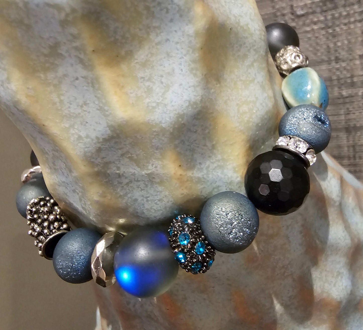 Black Onyx faceted beads, Druzy quartz, Gray/blue Opalite, Jasper Beaded Bracelet (Natural Stone)