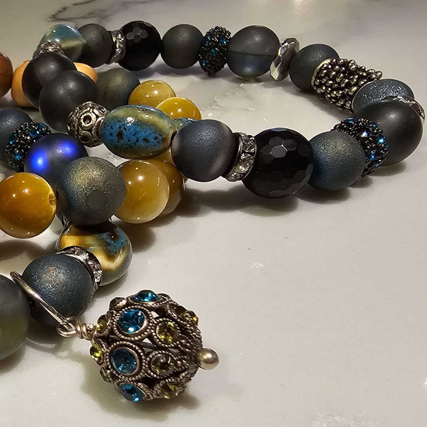 Druzy quartz, gray Opalite, Jasper Beaded Bracelet (Natural Stone)