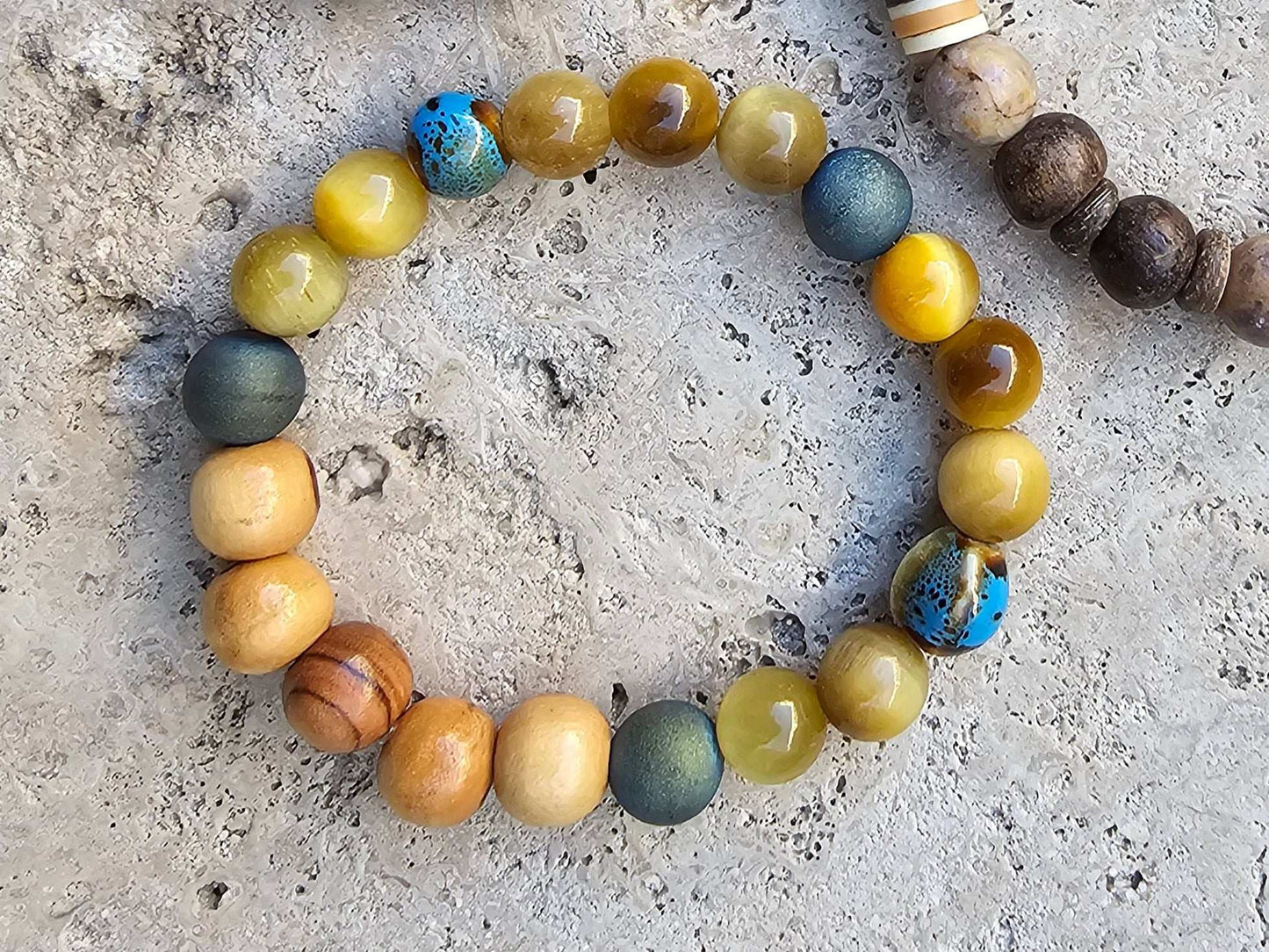 Yellow natural star Tiger's Eye, Druzy quartz, Jasper & Wood Beaded Bracelet (Natural Stone)