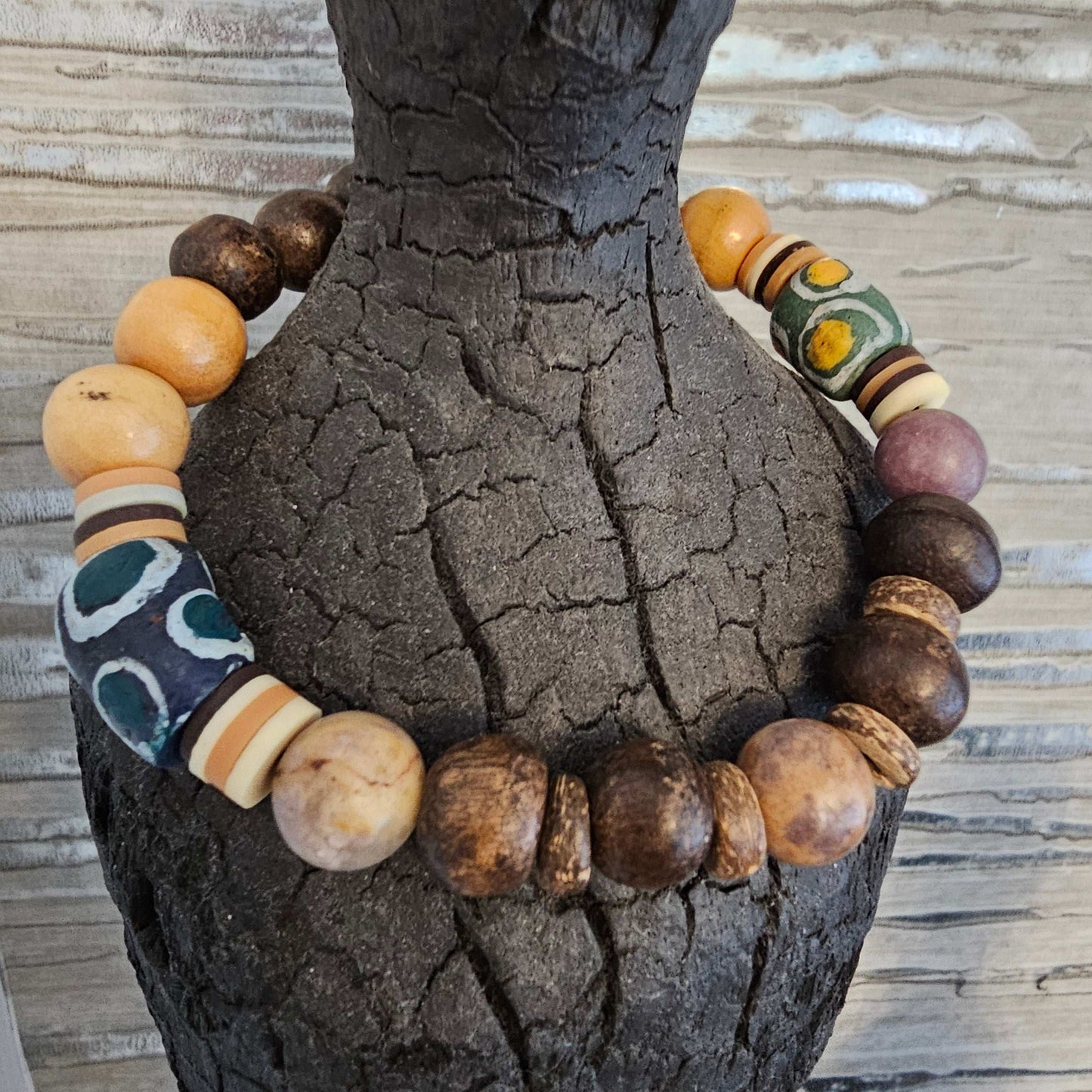 Jasper, Chocolate Coconut shell & African Glass Beaded Bracelet (Natural Stone)