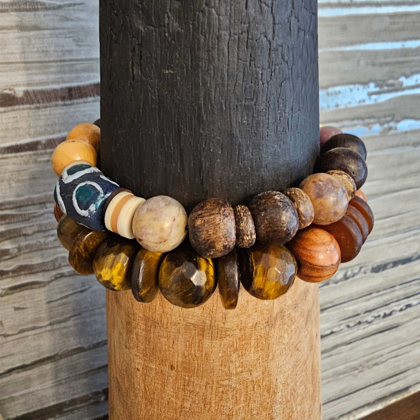 Jasper, Chocolate Coconut shell & African Glass Beaded Bracelet (Natural Stone)