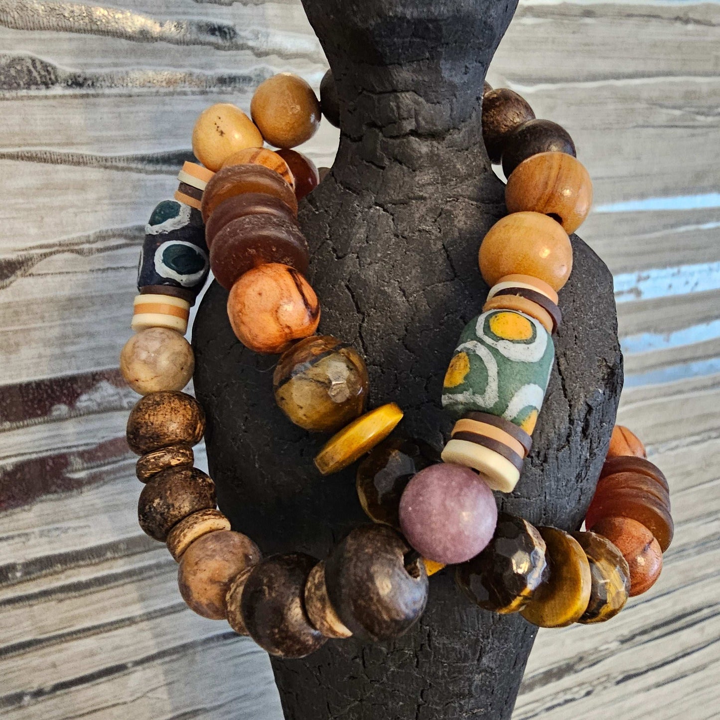 Jasper, Chocolate Coconut shell & African Glass Beaded Bracelet (Natural Stone)