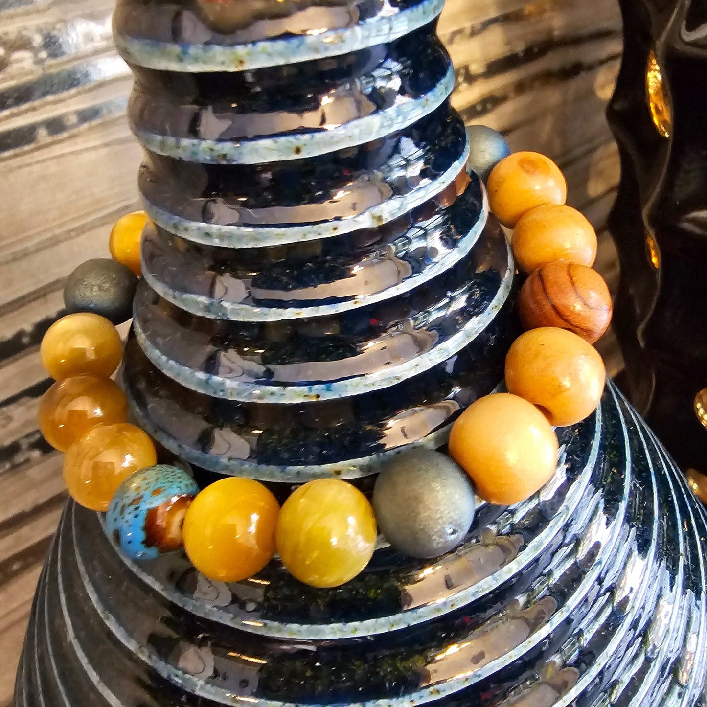 Yellow natural star Tiger's Eye, Druzy quartz, Jasper & Wood Beaded Bracelet (Natural Stone)