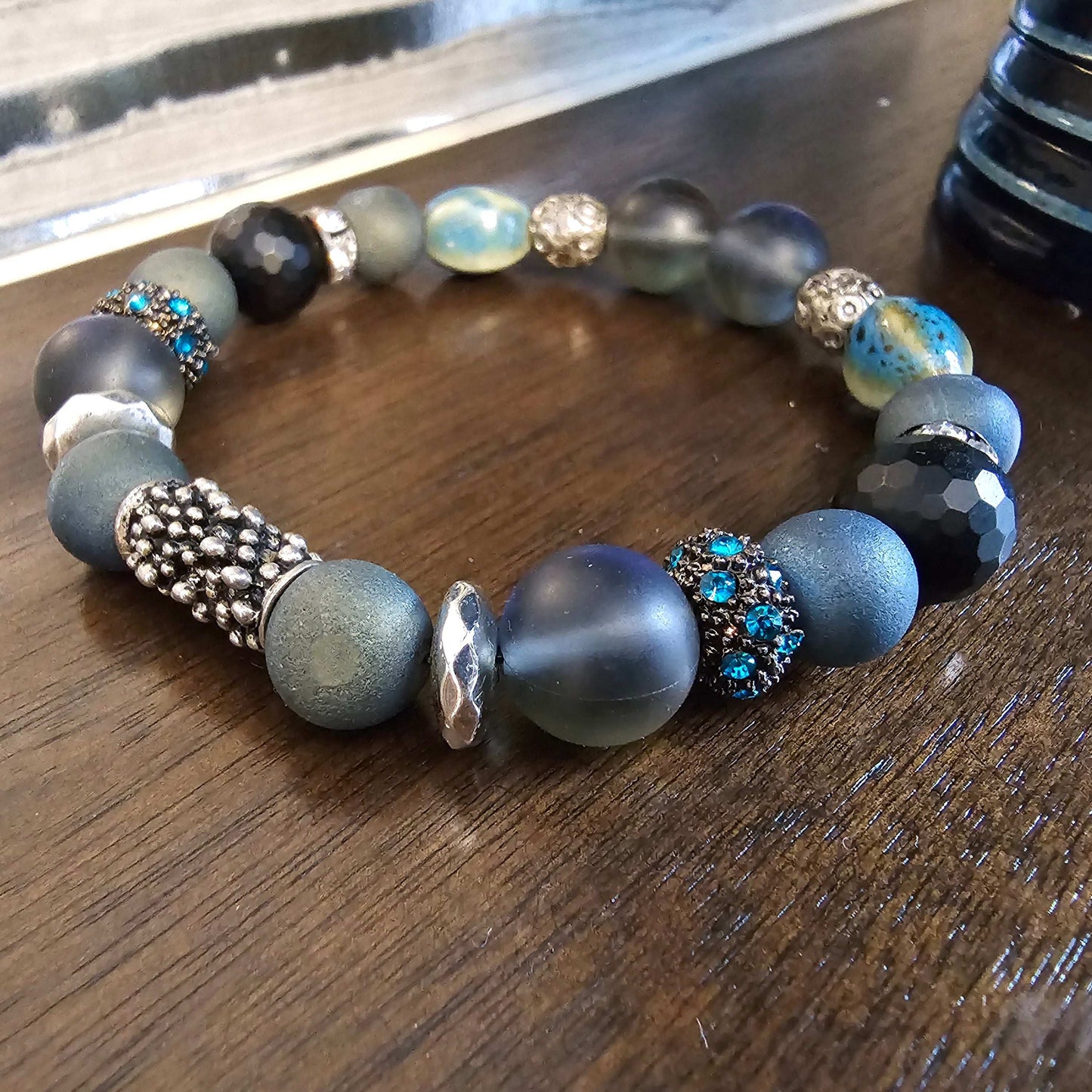Black Onyx faceted beads, Druzy quartz, Gray/blue Opalite, Jasper Beaded Bracelet (Natural Stone)