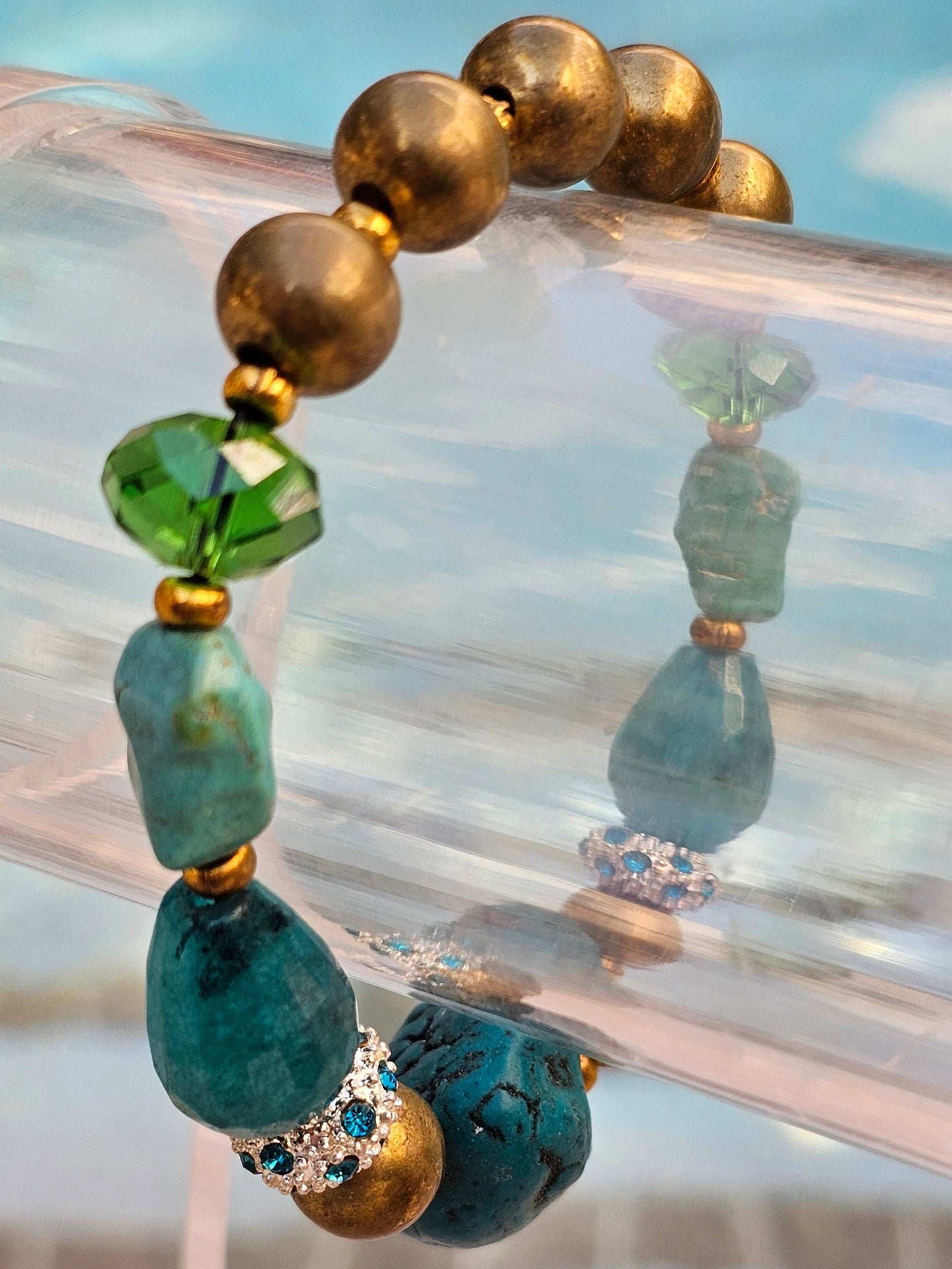Turquoise, Brass & Swarovski crystal beaded Bracelet (Natural Stone) w/green