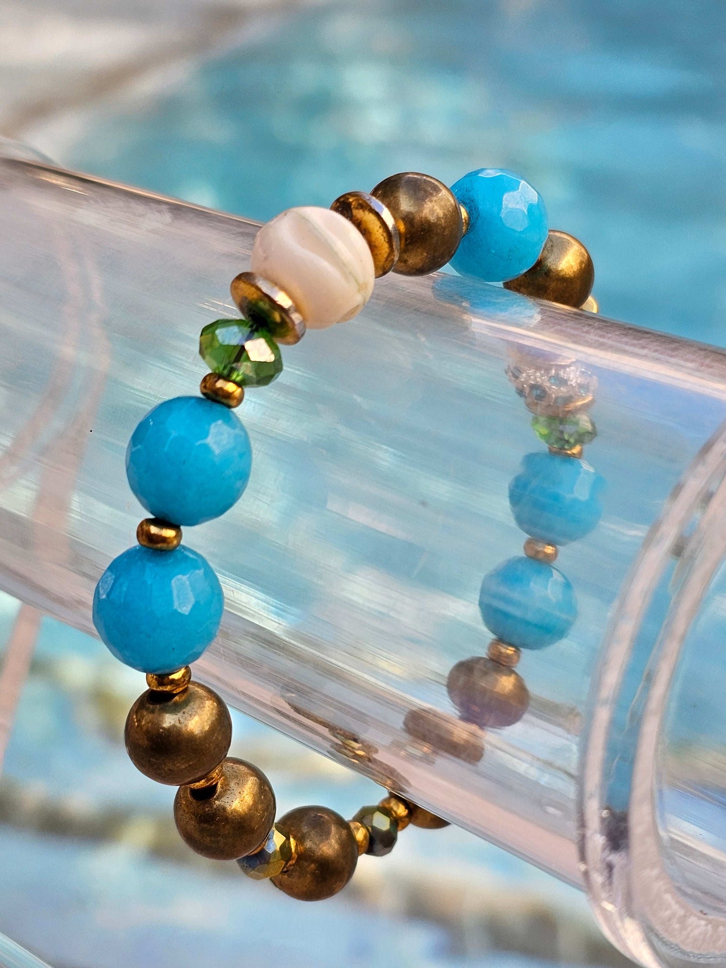 Jade (blue), brass, Swarovski crystal Beaded Bracelet (Natural Stone)