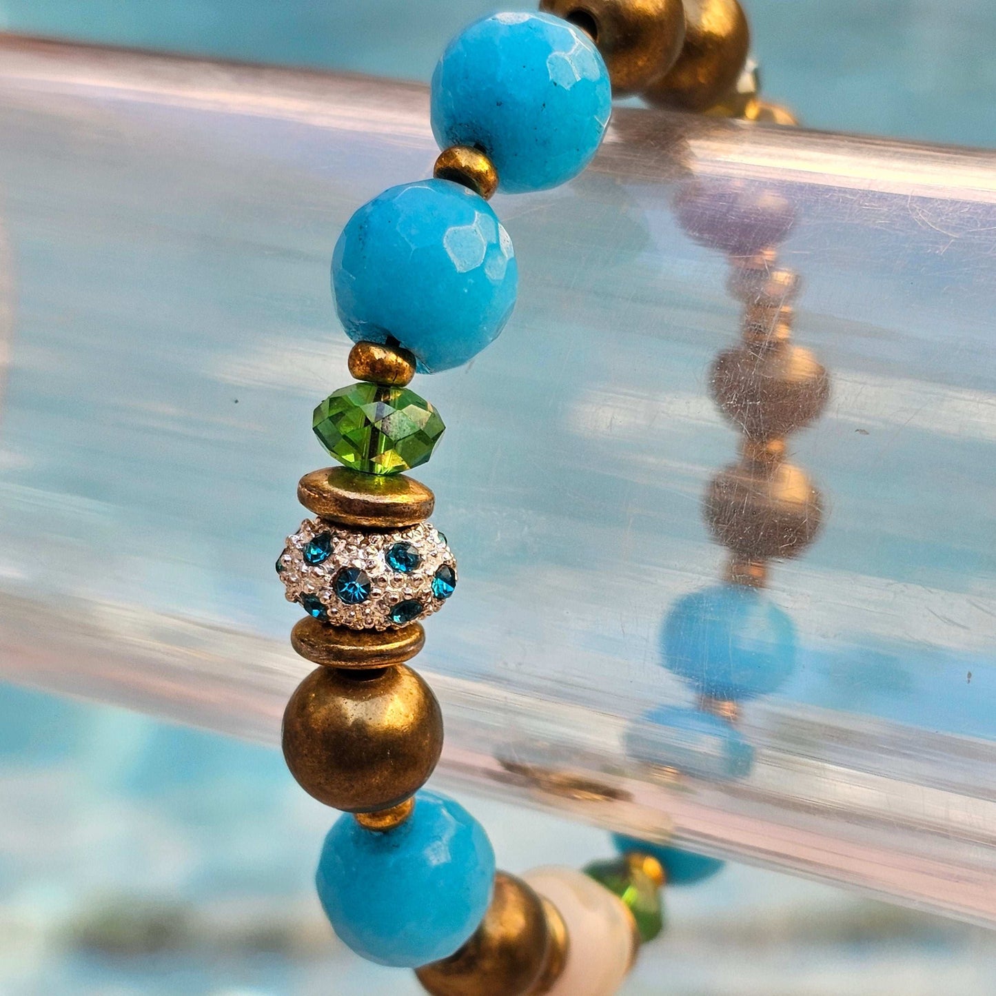 Jade (blue), brass, Swarovski crystal Beaded Bracelet (Natural Stone)