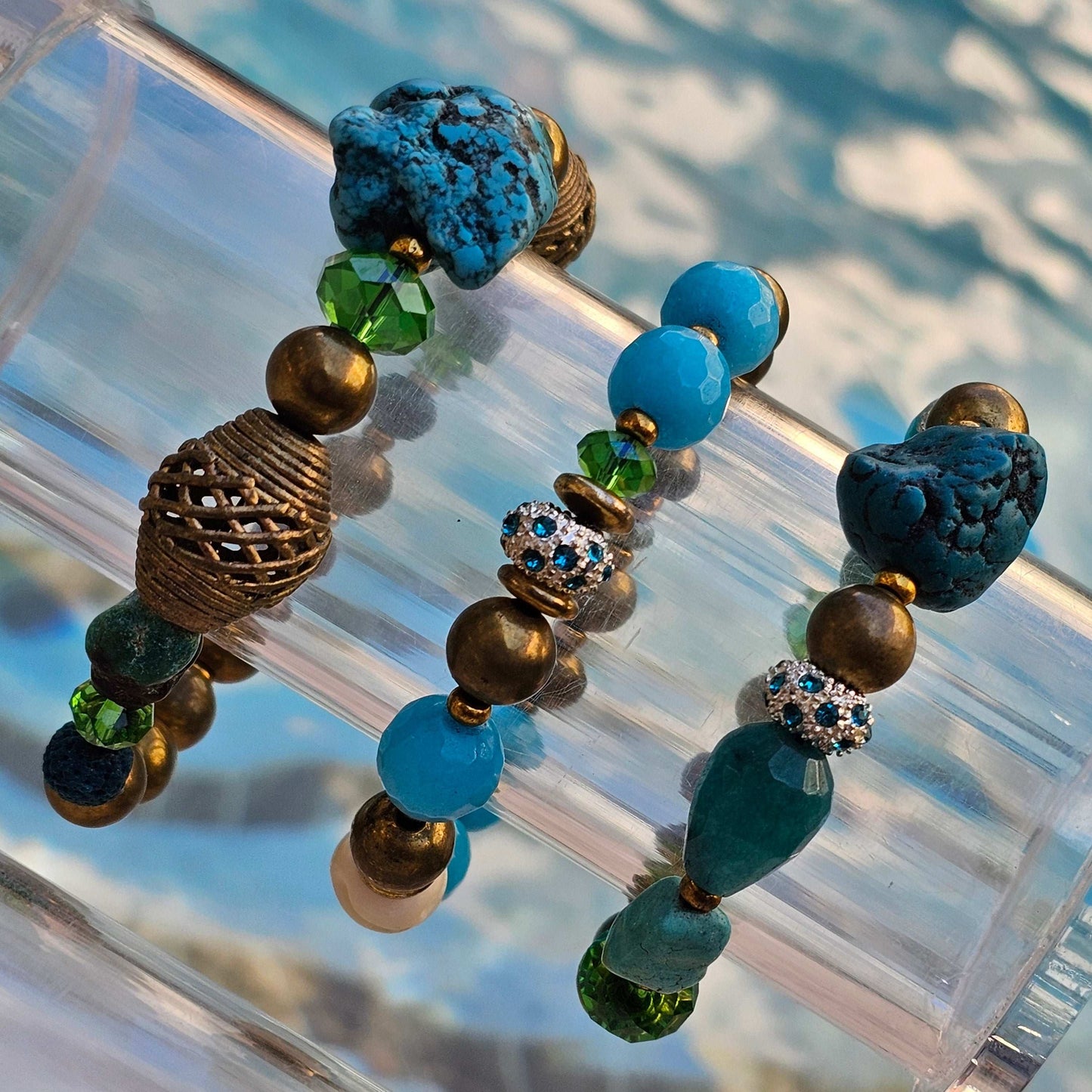 Turquoise, Brass & Swarovski crystal beaded Bracelet (Natural Stone) w/green
