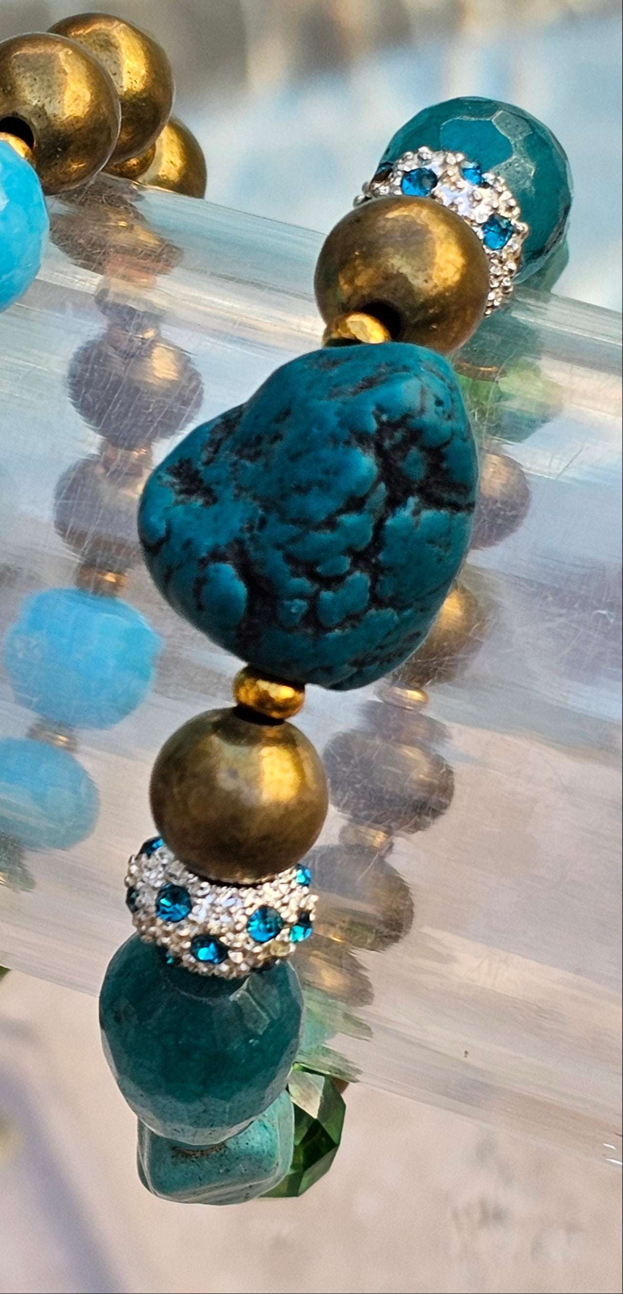 Turquoise, Brass & Swarovski crystal beaded Bracelet (Natural Stone) w/green