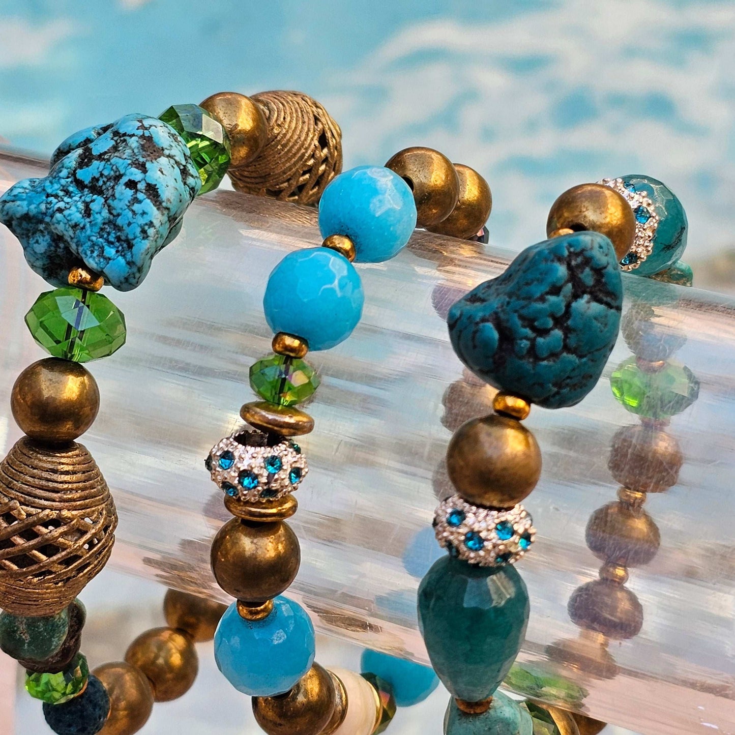 Turquoise, Brass, lava rock, Ghana brass Beaded Bracelet (Natural Stone)