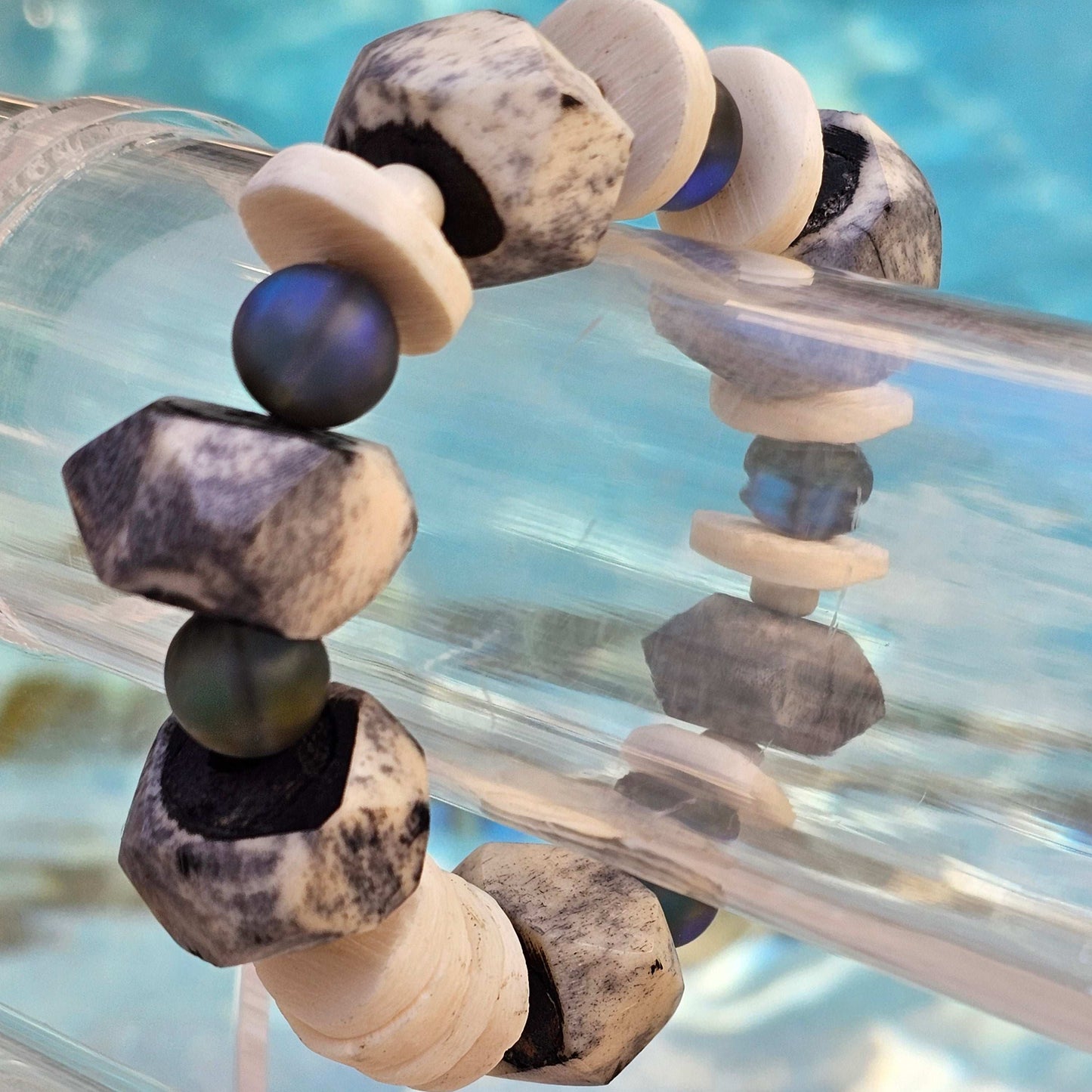 Bone (large beads) & Opalite Blue/gray Beaded Bracelet