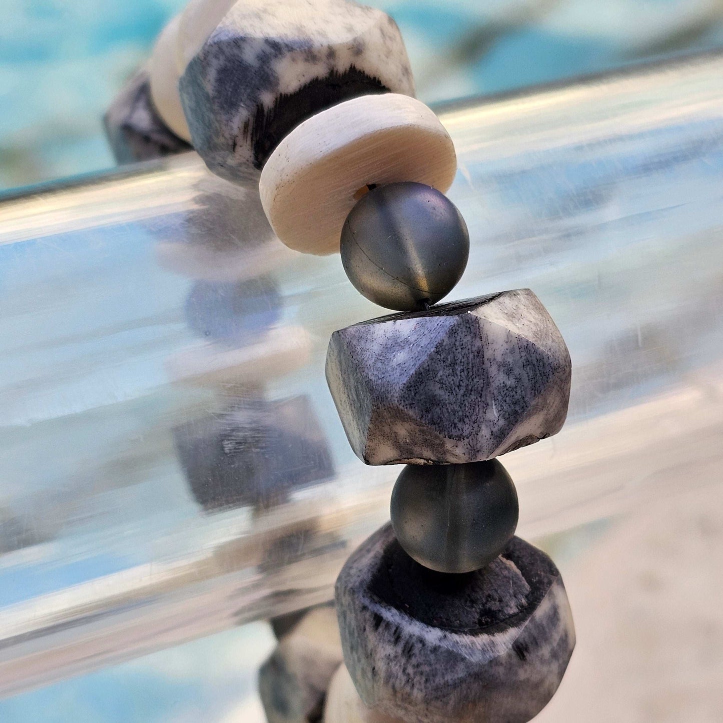 Bone (large beads) & Opalite Blue/gray Beaded Bracelet