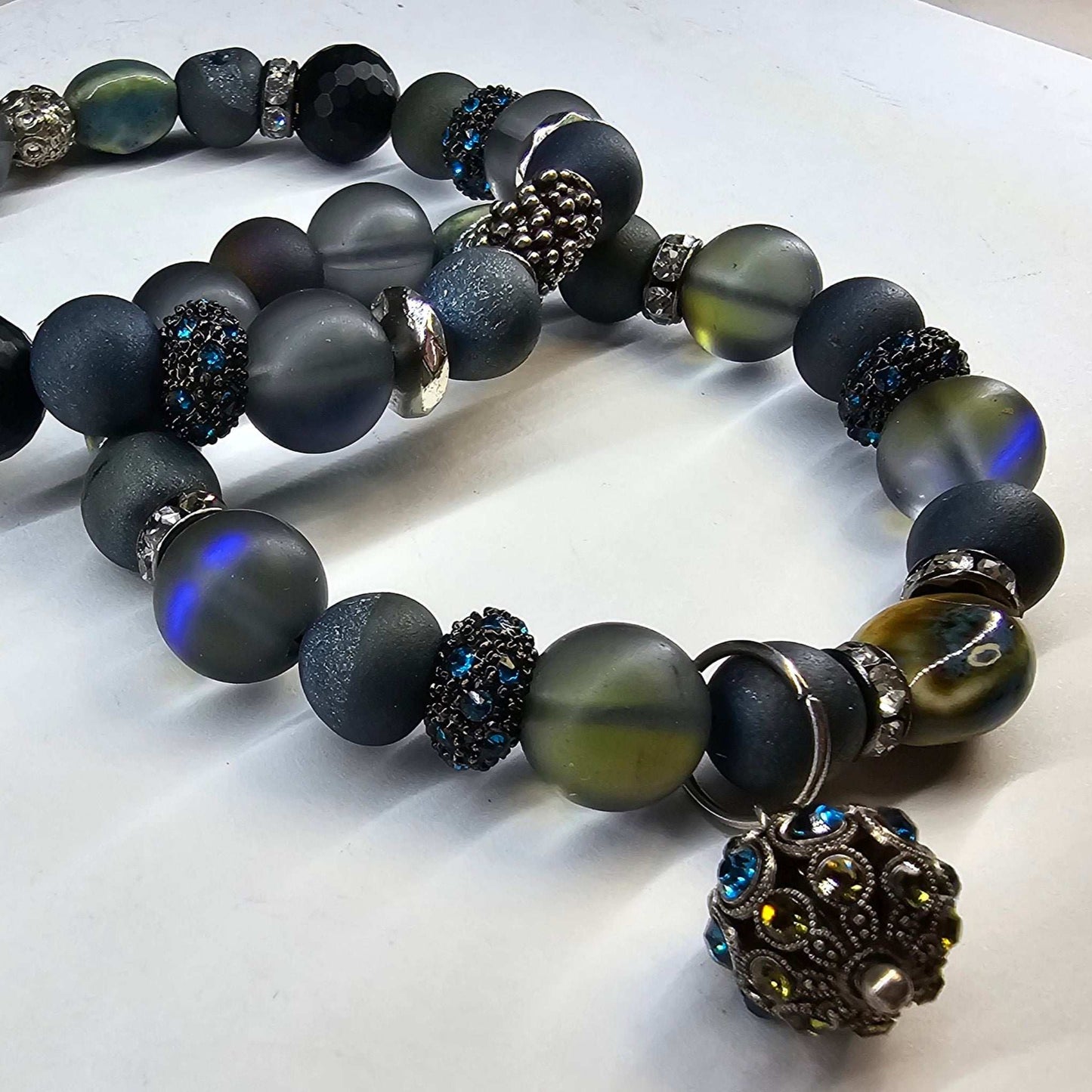 Black Onyx faceted beads, Druzy quartz, Gray/blue Opalite, Jasper Beaded Bracelet (Natural Stone)