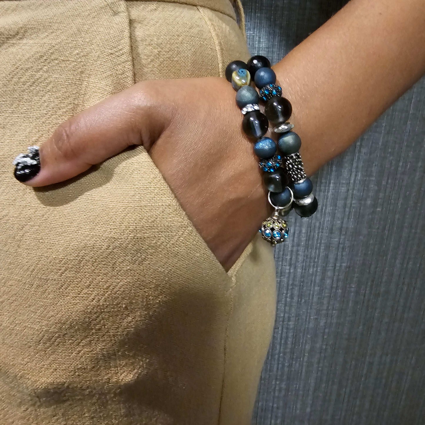 Black Onyx faceted beads, Druzy quartz, Gray/blue Opalite, Jasper Beaded Bracelet (Natural Stone)
