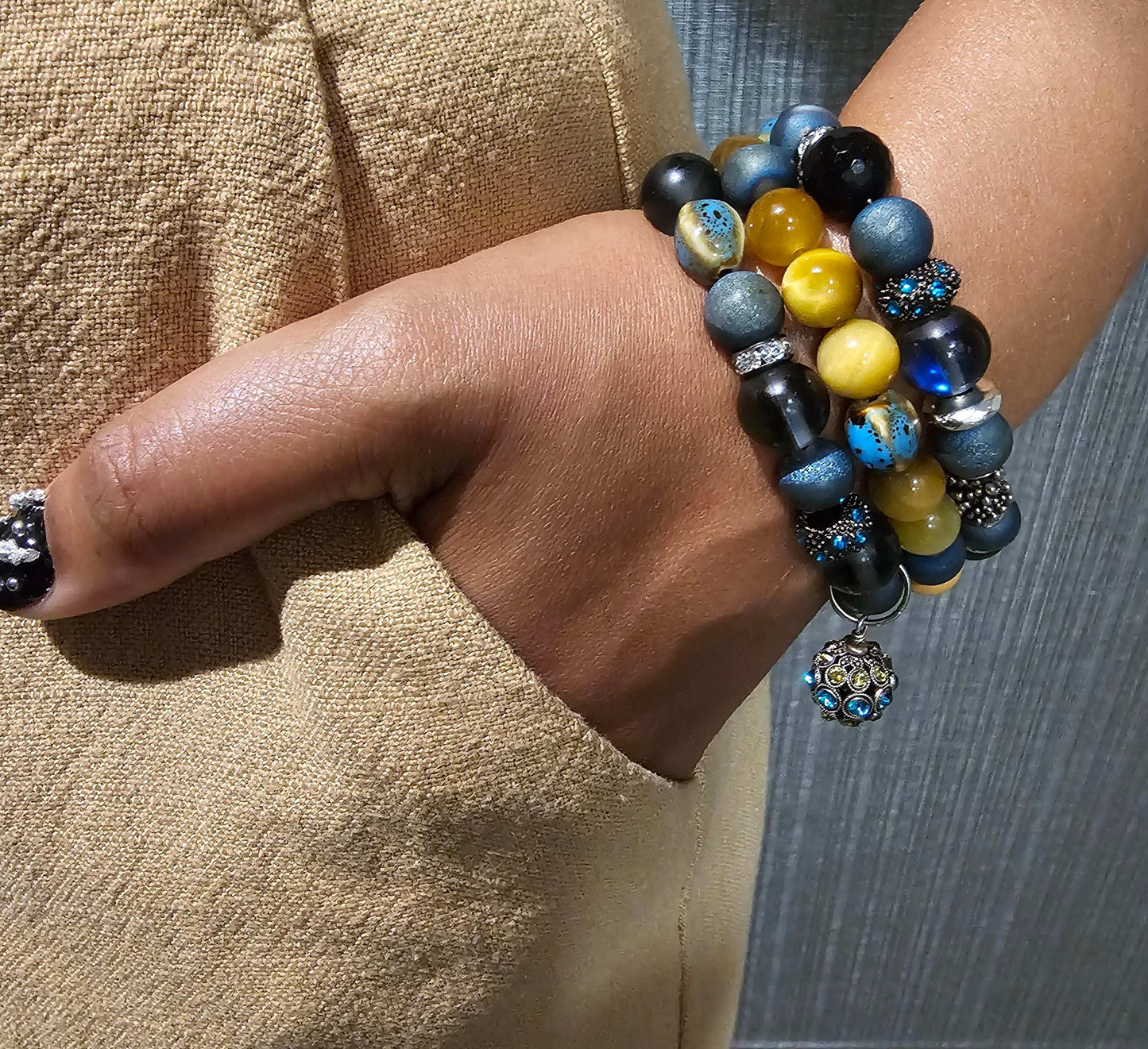Yellow natural star Tiger's Eye, Druzy quartz, Jasper & Wood Beaded Bracelet (Natural Stone)
