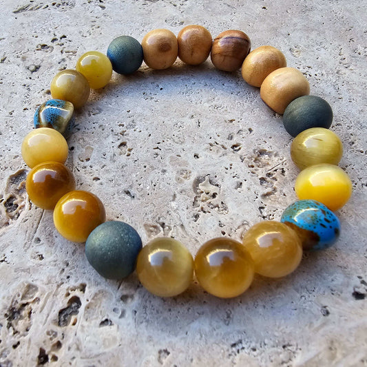 Yellow natural star Tiger's Eye, Druzy quartz, Jasper & Wood Beaded Bracelet (Natural Stone)