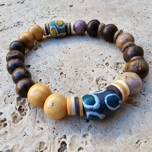 Jasper, Chocolate Coconut shell & African Glass Beaded Bracelet (Natural Stone)