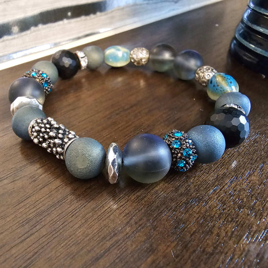 Black Onyx faceted beads, Druzy quartz, Gray/blue Opalite, Jasper Beaded Bracelet (Natural Stone)
