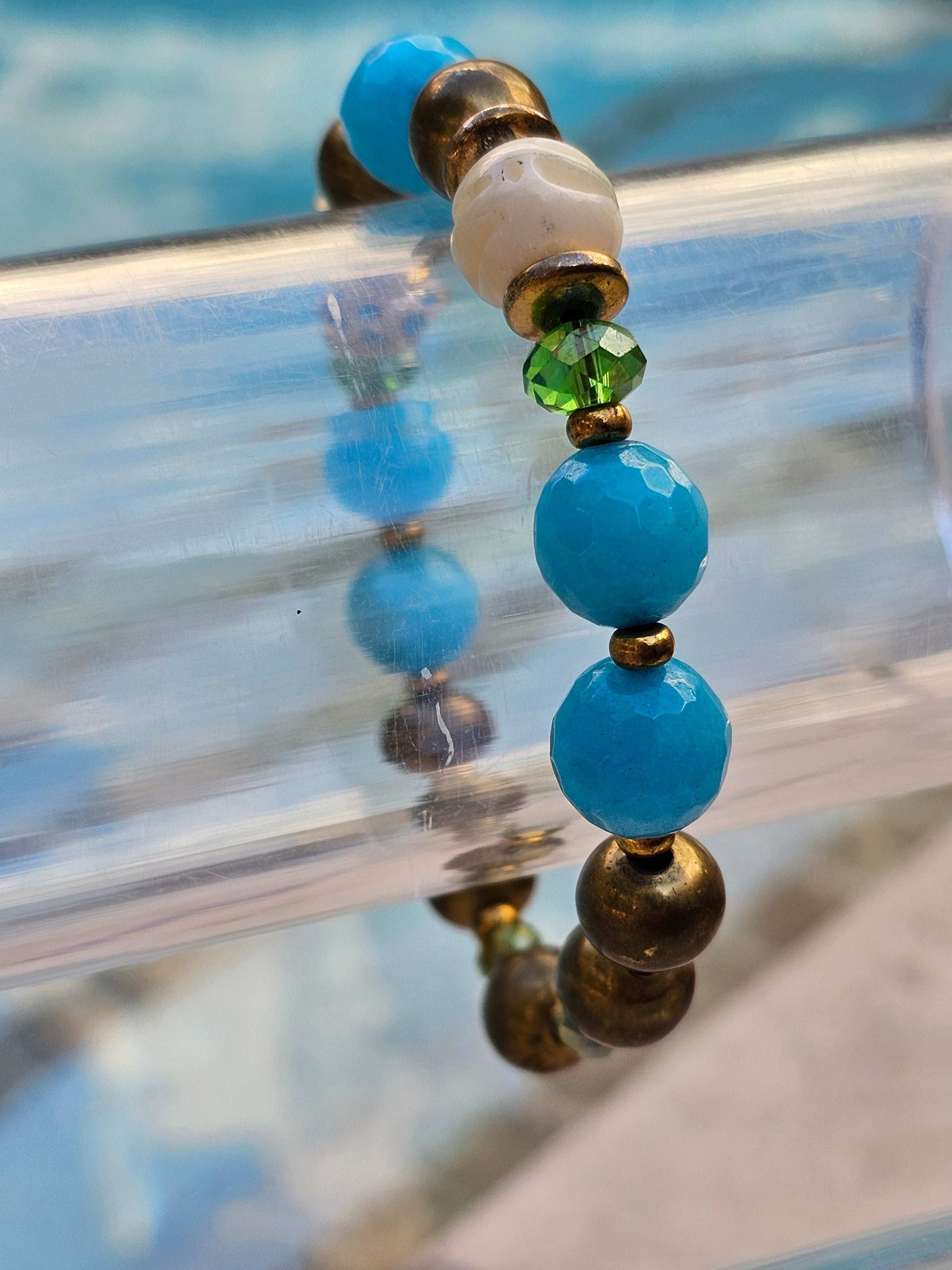 Jade (blue), brass, Swarovski crystal Beaded Bracelet (Natural Stone)
