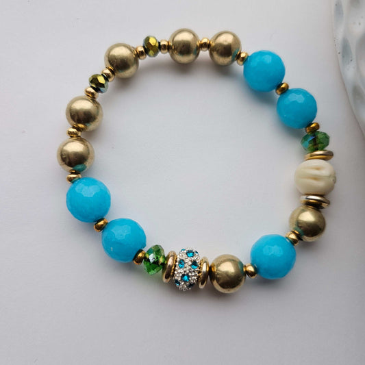Jade (blue), brass, Swarovski crystal Beaded Bracelet (Natural Stone)