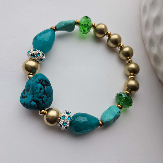 Turquoise, Brass & Swarovski crystal beaded Bracelet (Natural Stone) w/green