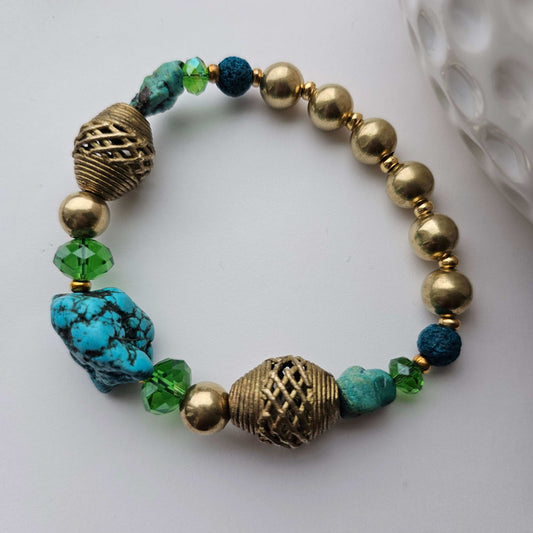 Turquoise, Brass, lava rock, Ghana brass Beaded Bracelet (Natural Stone)